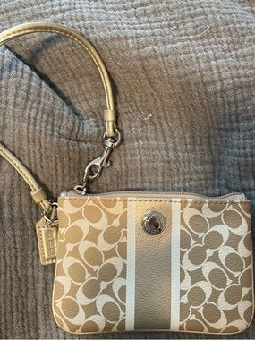 Coach Signature Canvas Stripe Wristlet in Beige and Cream